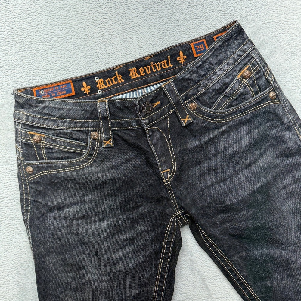 Rock Revival Jeans Women 29 Black Gwen Bootcut Fleur De Lis Contrast Stitch